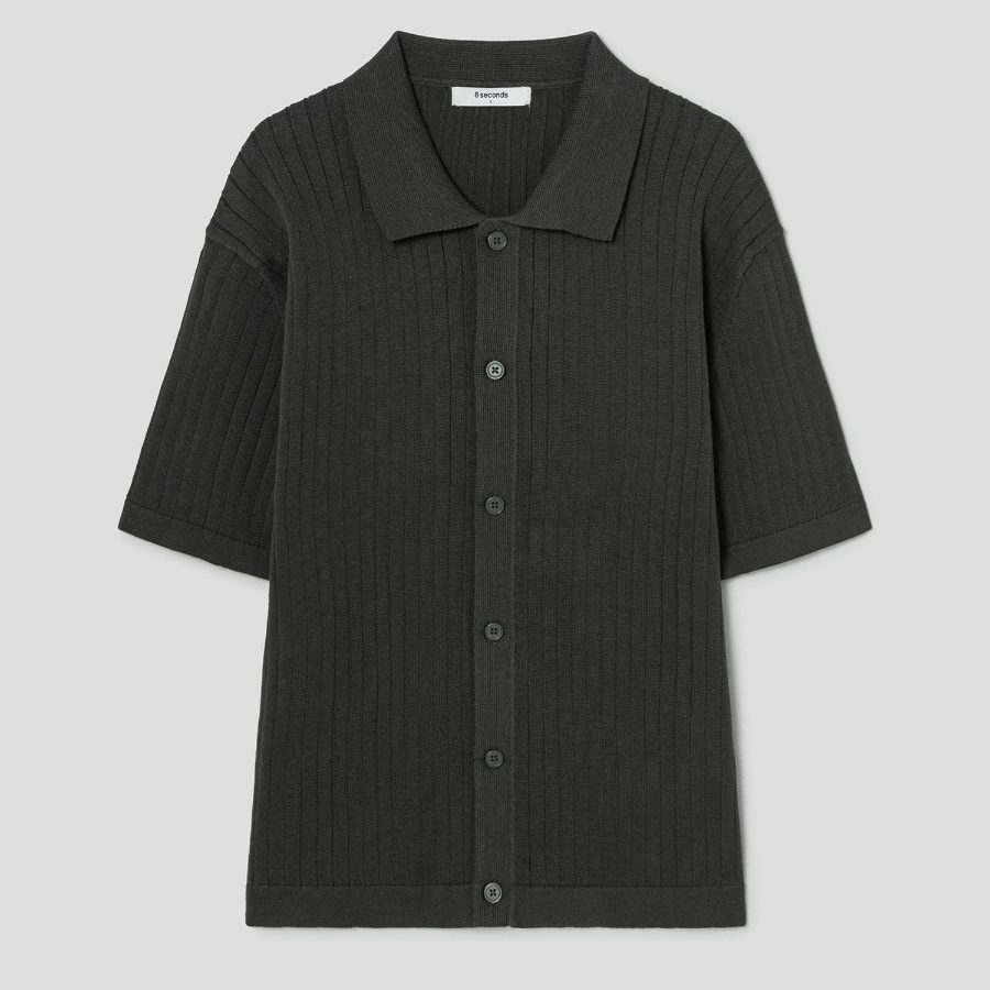 8 seconds Ribbed Collar Short Sleeve Cardigan — Khaki