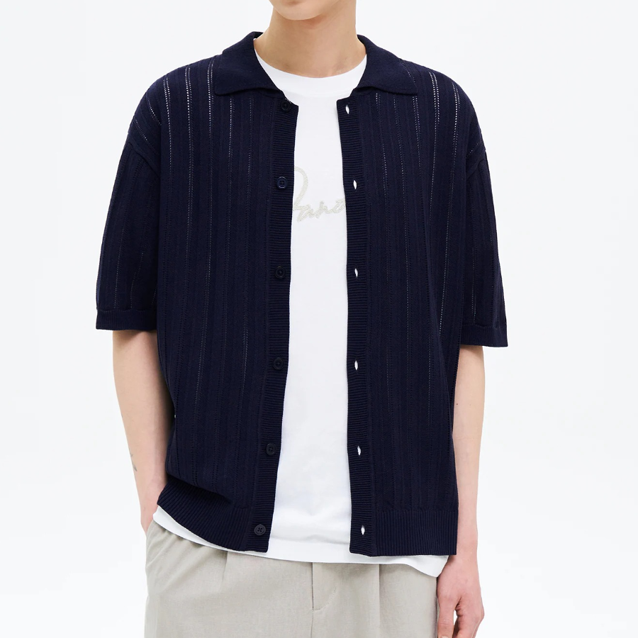 8 seconds Openwork Collared Short Sleeve Cardigan — Navy