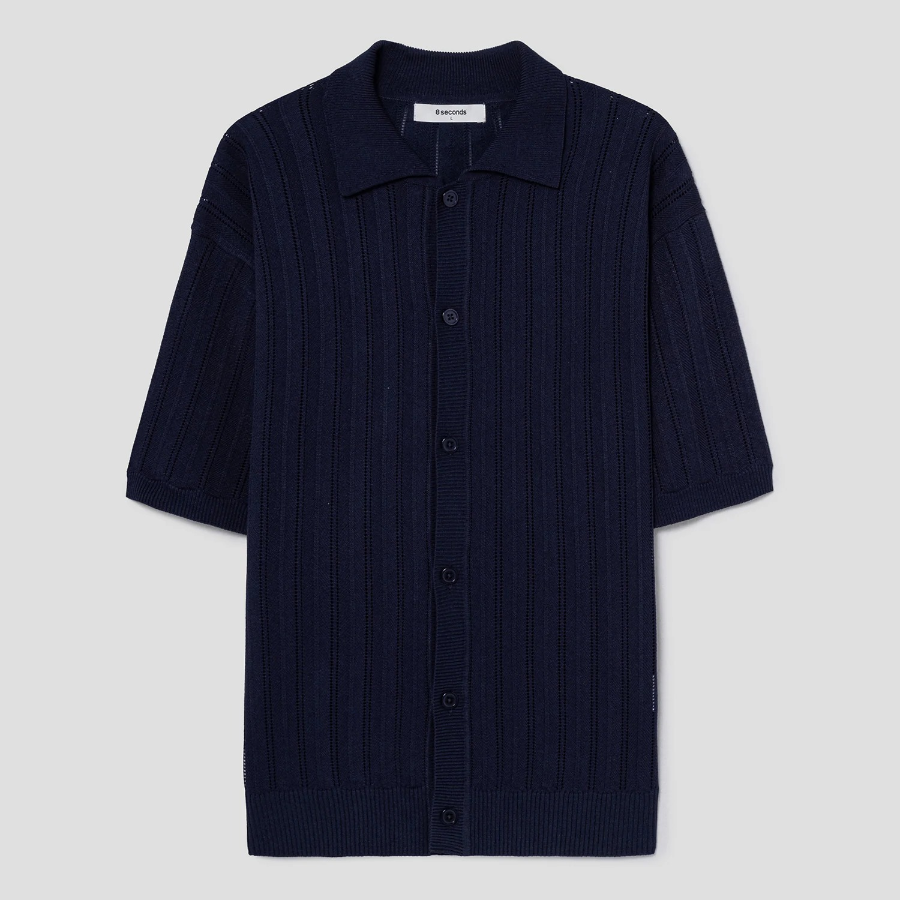 8 seconds Openwork Collared Short Sleeve Cardigan — Navy