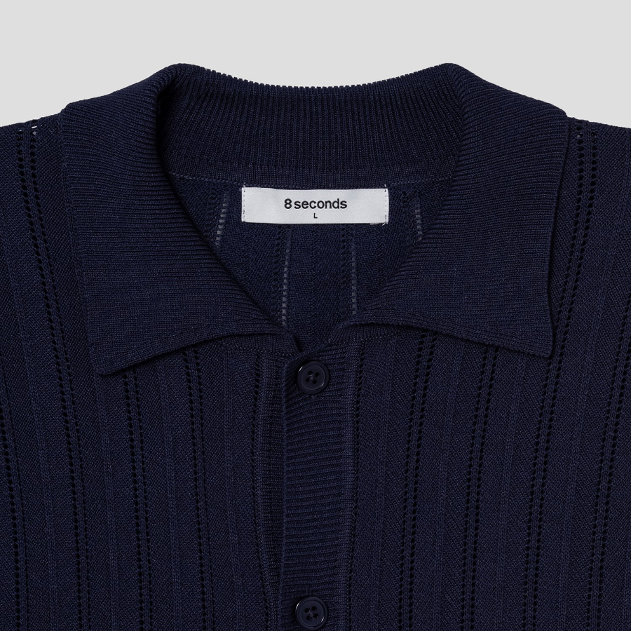 8 seconds Openwork Collared Short Sleeve Cardigan — Navy