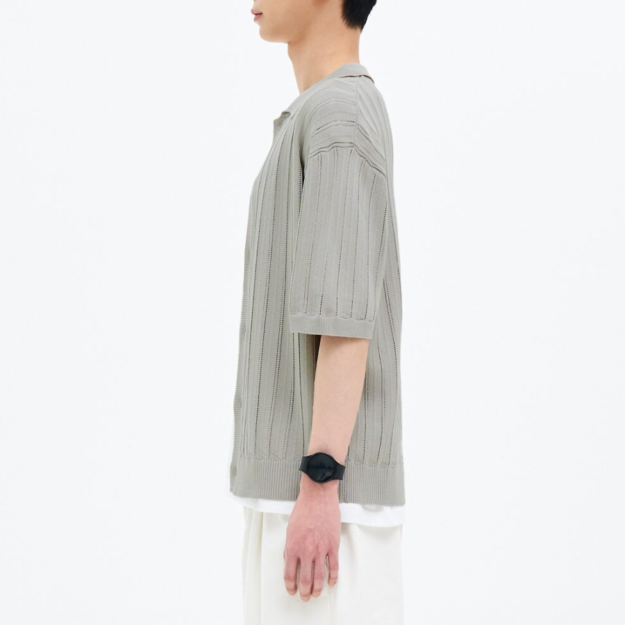 8 seconds Openwork Collared Short Sleeve Cardigan — Light Grey