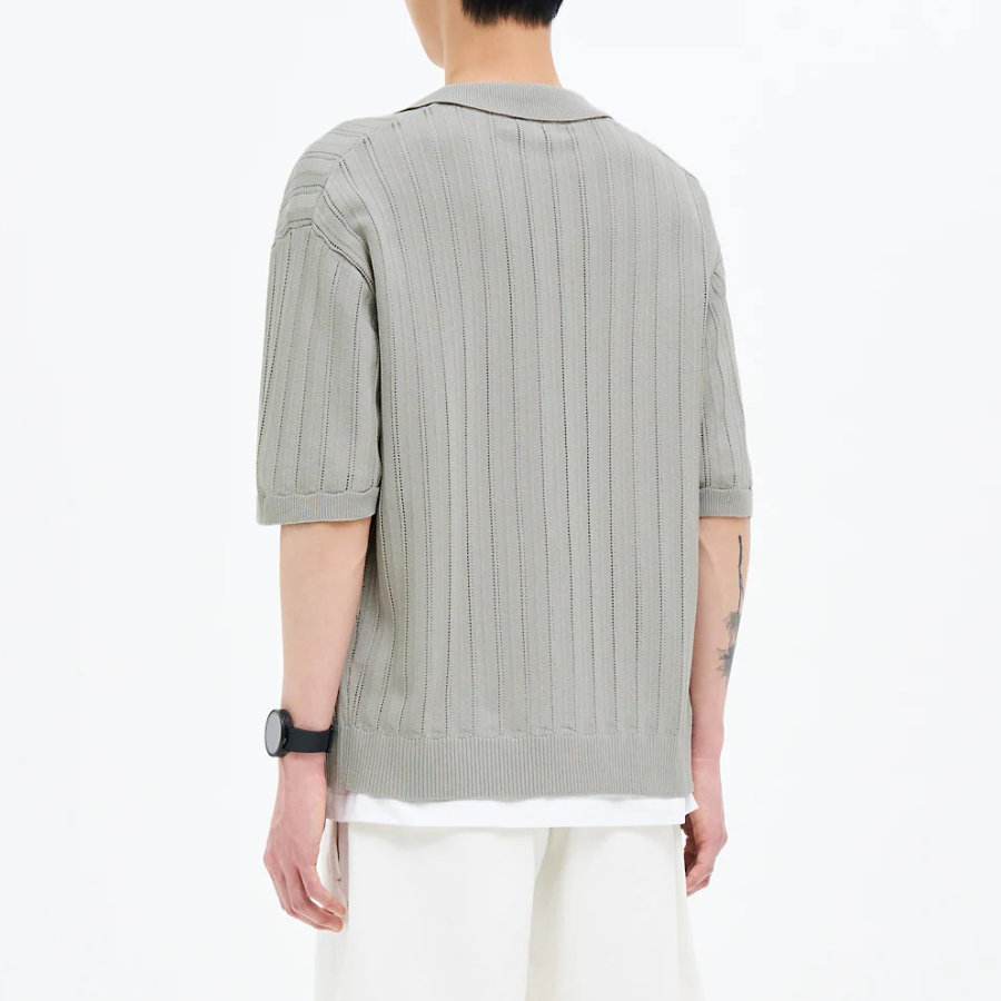 8 seconds Openwork Collared Short Sleeve Cardigan — Light Grey