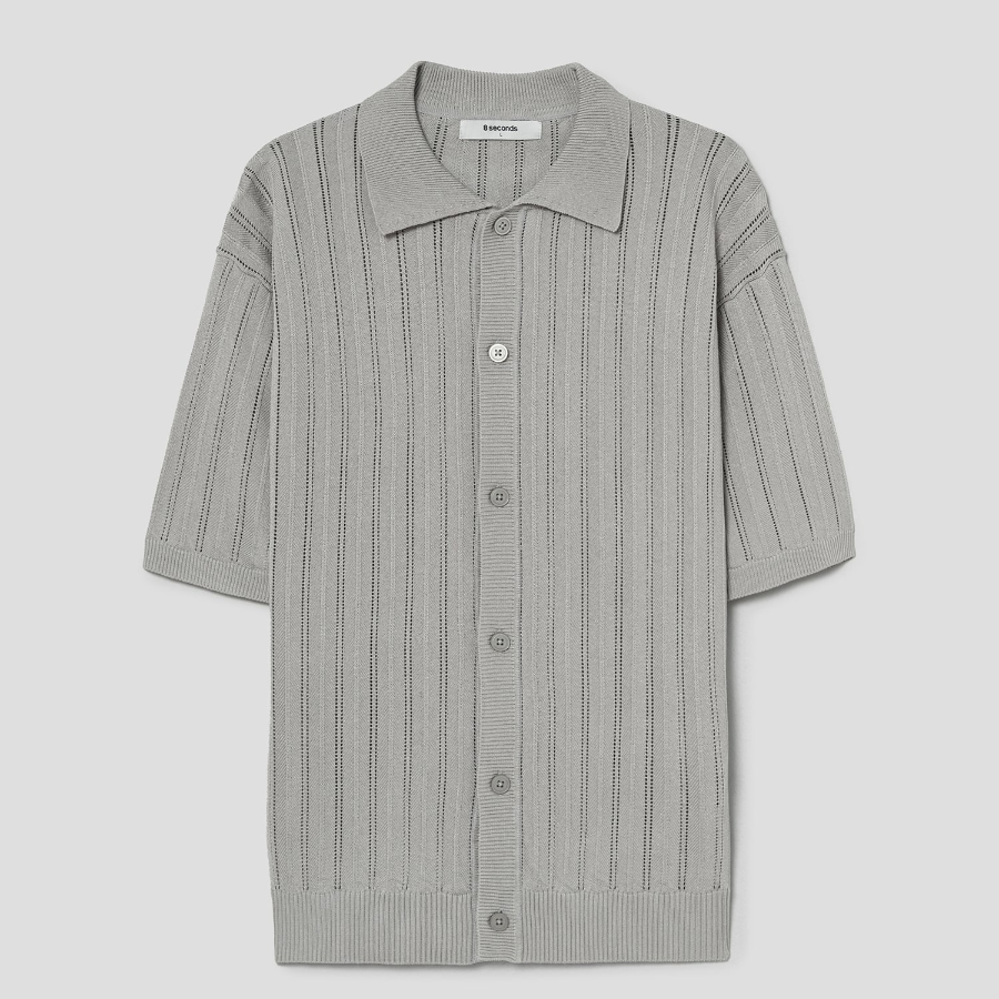 8 seconds Openwork Collared Short Sleeve Cardigan — Light Grey