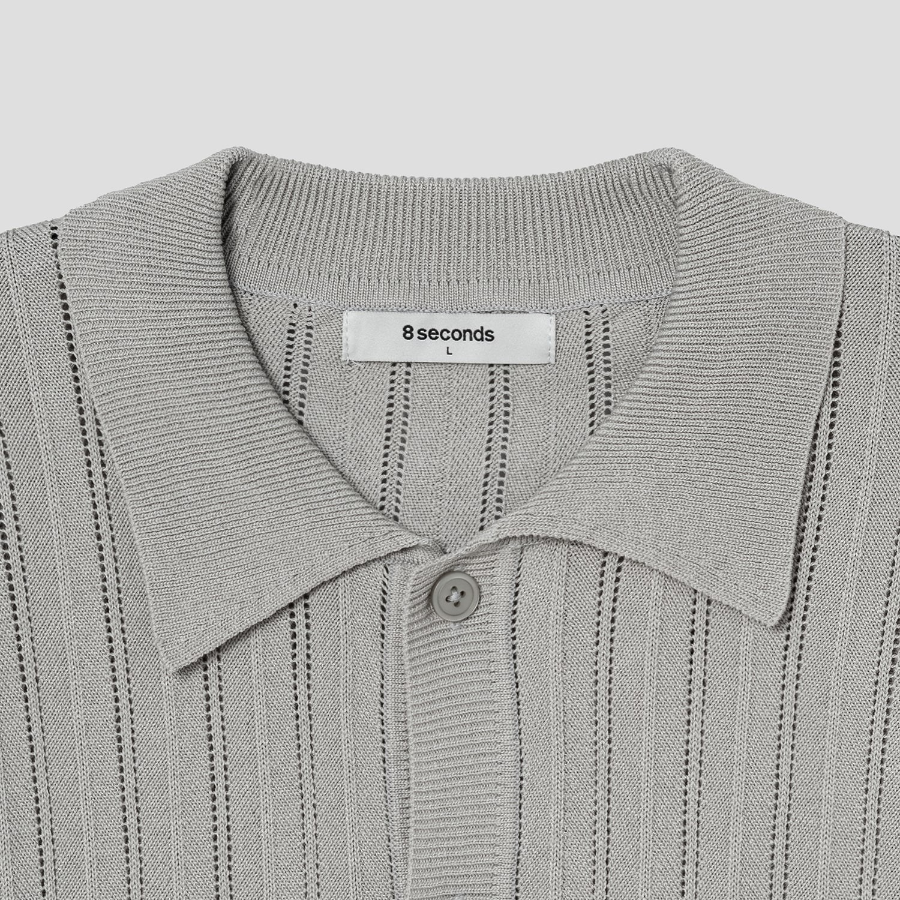 8 seconds Openwork Collared Short Sleeve Cardigan — Light Grey