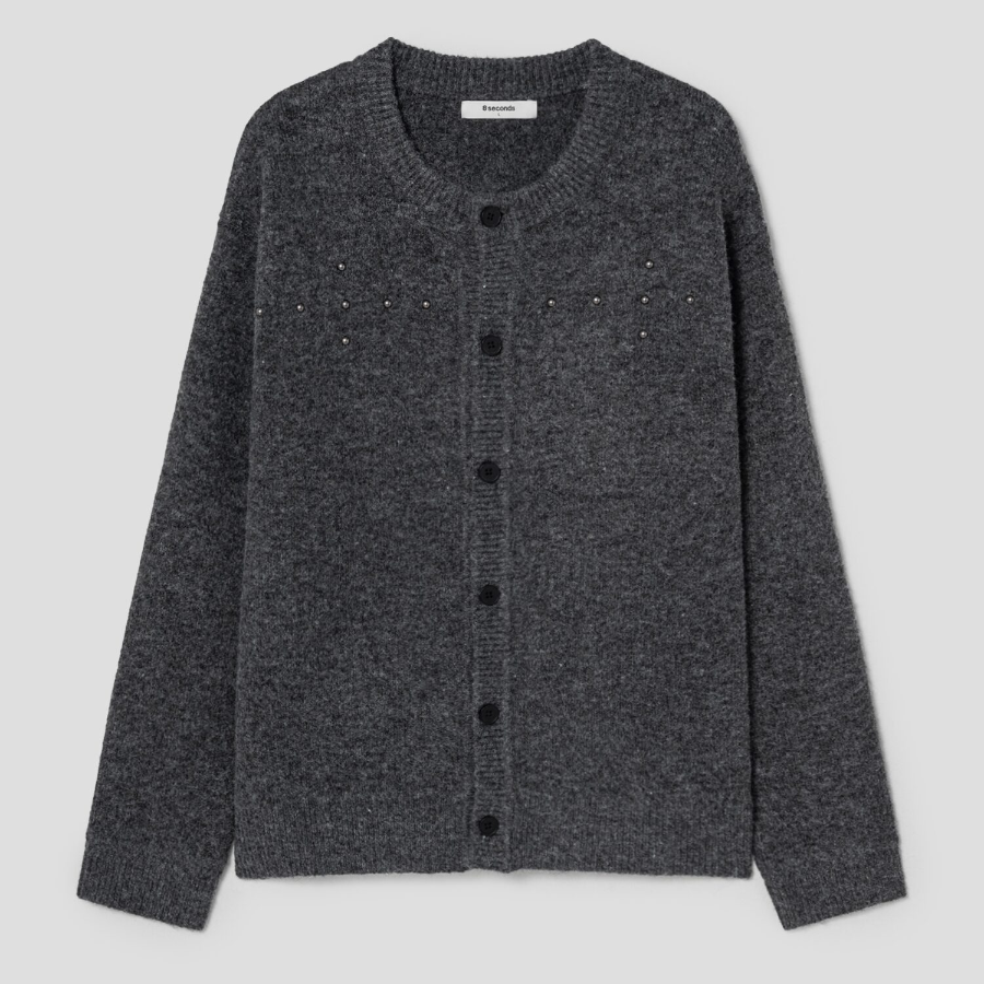 8 seconds Studded Round Neck Cardigan — Ash