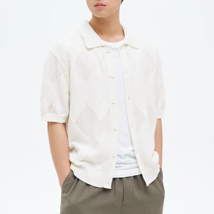 8 seconds Crochet Texture Collar Short Sleeve Cardigan — Ivory