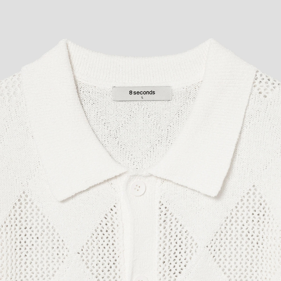8 seconds Crochet Texture Collar Short Sleeve Cardigan — Ivory