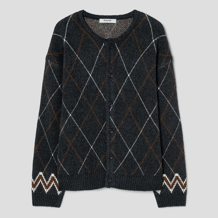 8 seconds Argyle Pattern Round Cardigan — Ash