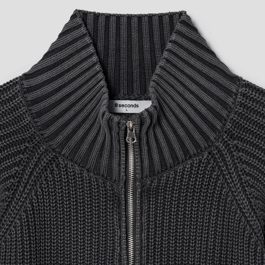 8 seconds Garment Washing High Neck Zip-Up Cardigan — Ash