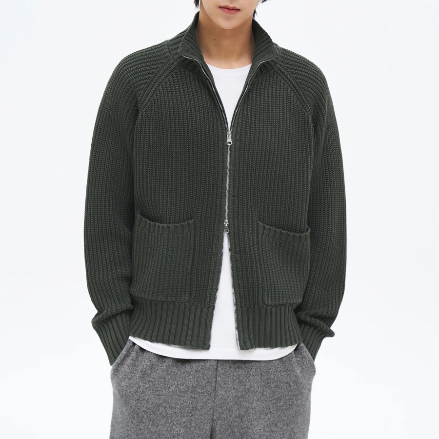 8 seconds Garment Washing High Neck Zip-Up Cardigan — Khaki