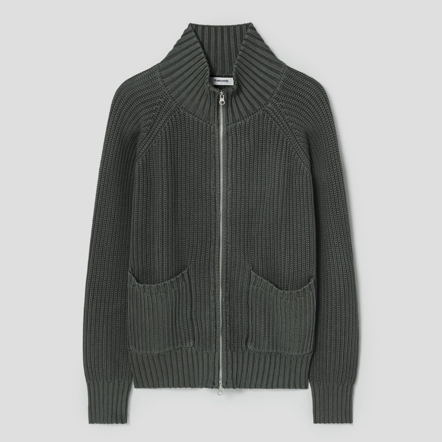 8 seconds Garment Washing High Neck Zip-Up Cardigan — Khaki
