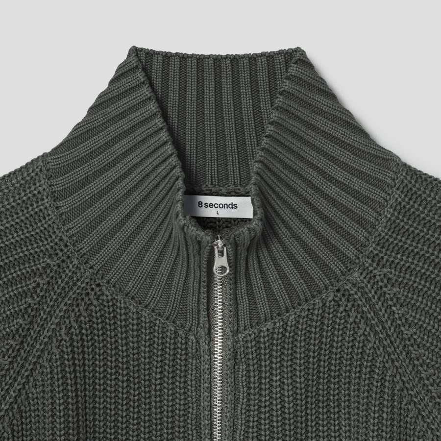 8 seconds Garment Washing High Neck Zip-Up Cardigan — Khaki