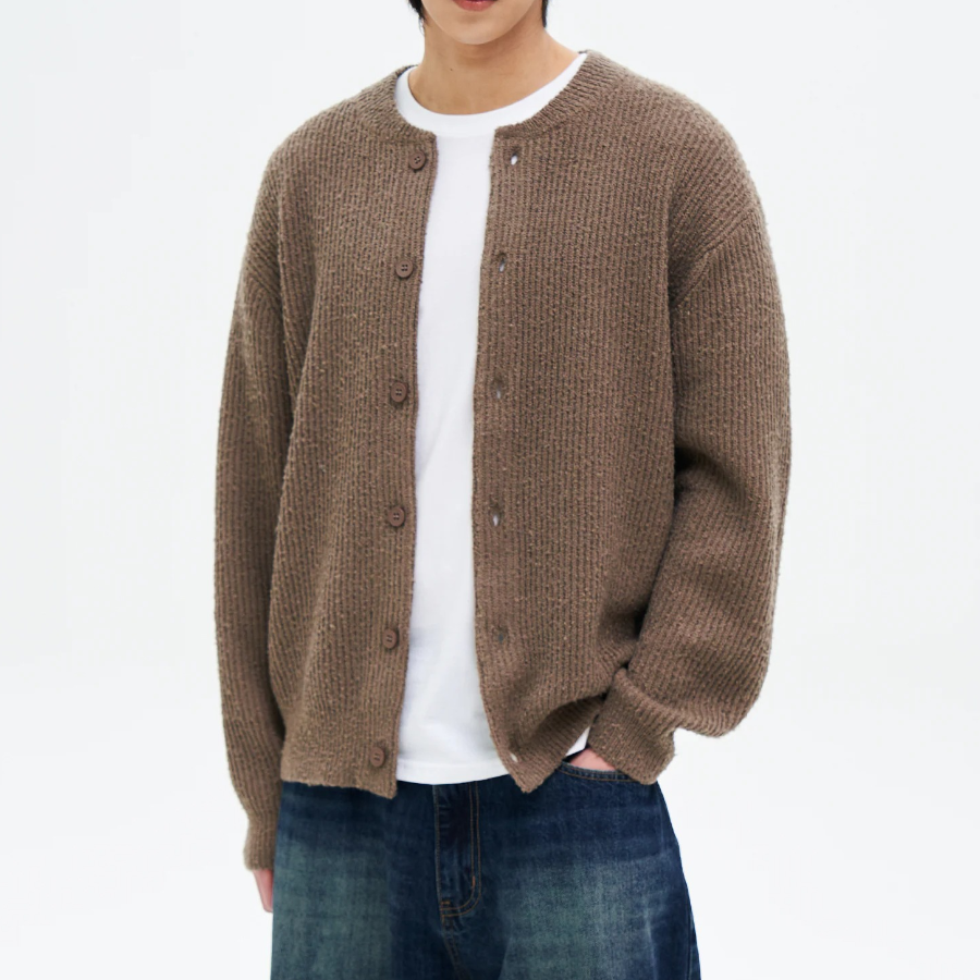 8 seconds Bouclé Round Button Cardigan — Brown
