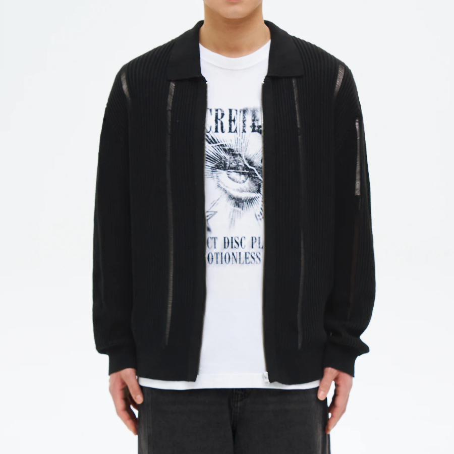 8 seconds Textured Stripe Collar Zip-Up Cardigan — Black