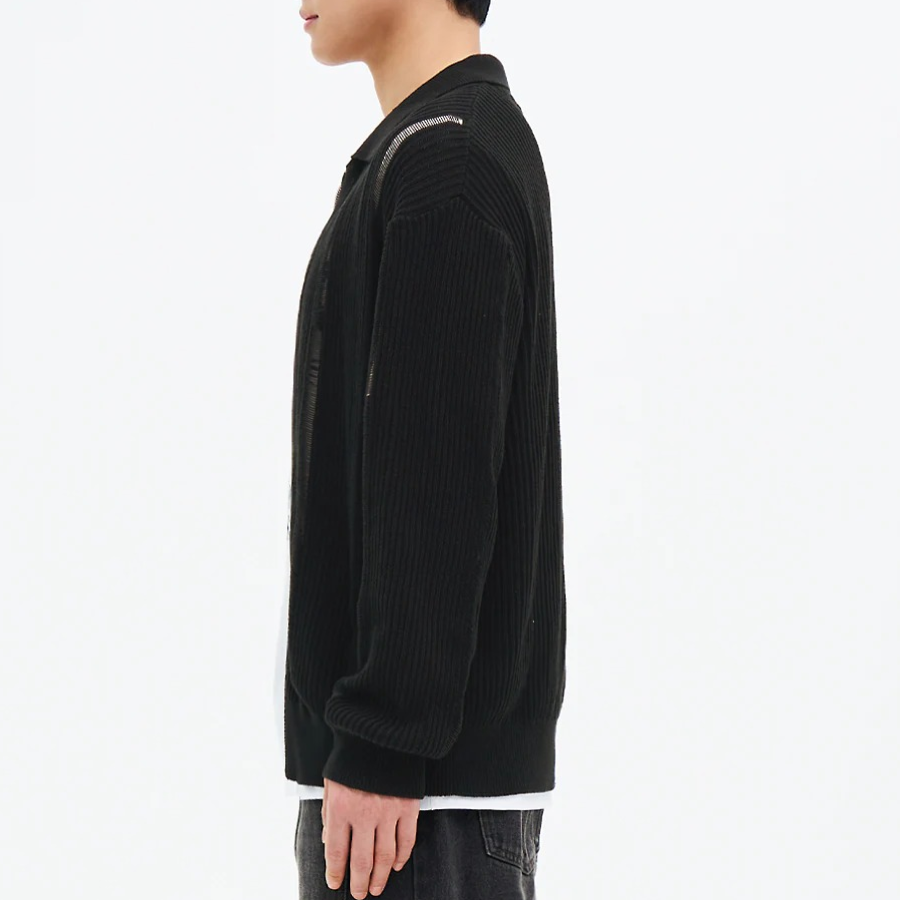 8 seconds Textured Stripe Collar Zip-Up Cardigan — Black