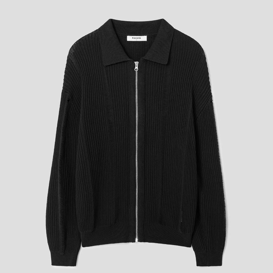 8 seconds Textured Stripe Collar Zip-Up Cardigan — Black
