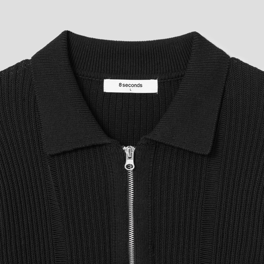 8 seconds Textured Stripe Collar Zip-Up Cardigan — Black