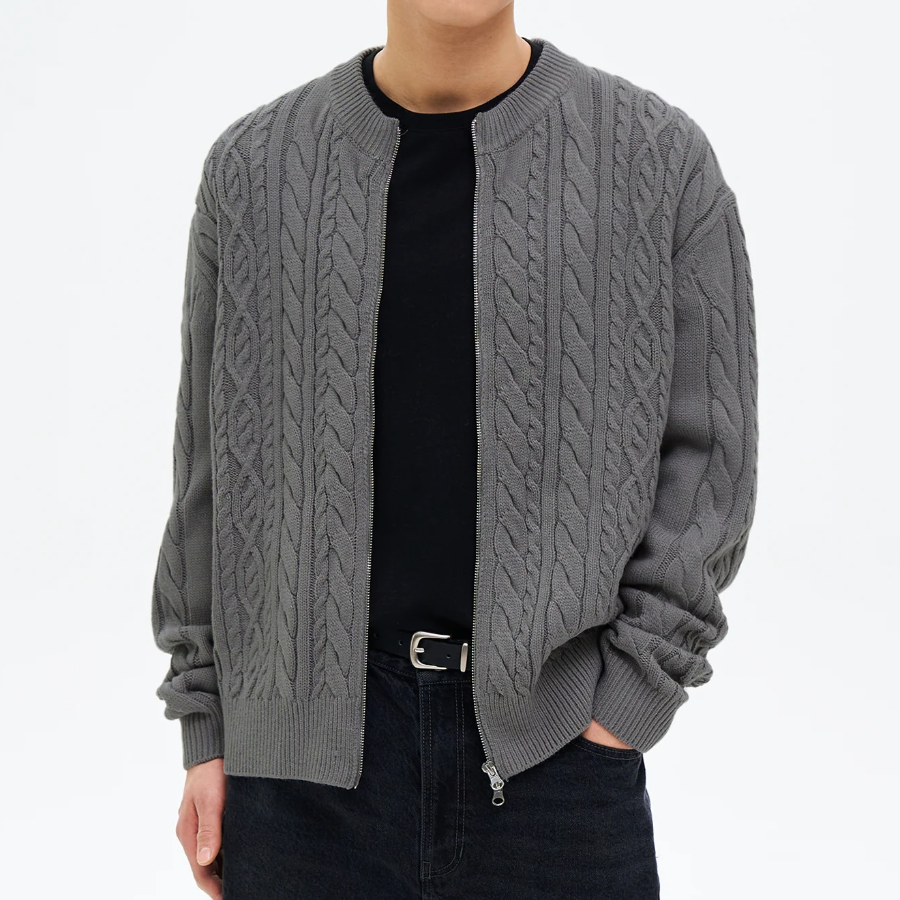 8 seconds Cable Round Zip-Up Cardigan — Gray