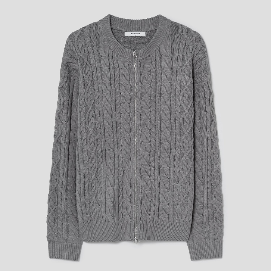 8 seconds Cable Round Zip-Up Cardigan — Gray