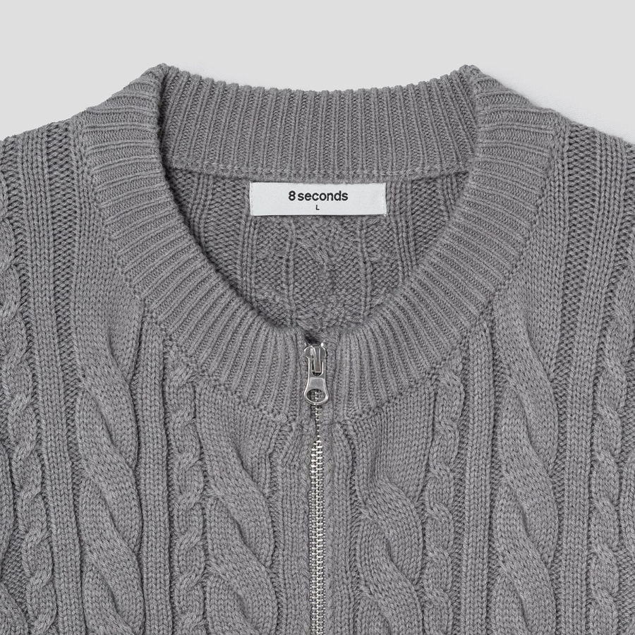8 seconds Cable Round Zip-Up Cardigan — Gray