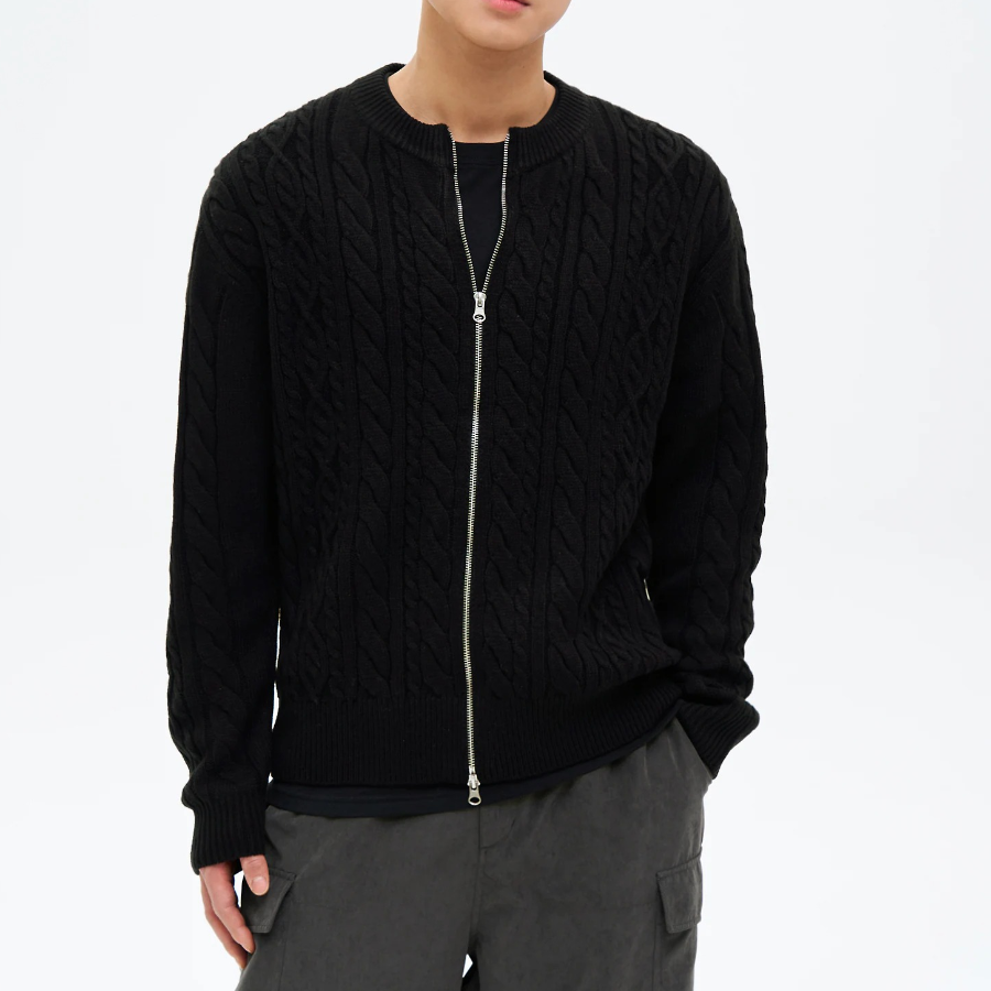 8 seconds Cable Round Zip-Up Cardigan — Black