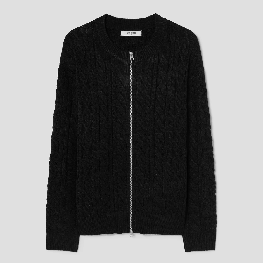 8 seconds Cable Round Zip-Up Cardigan — Black