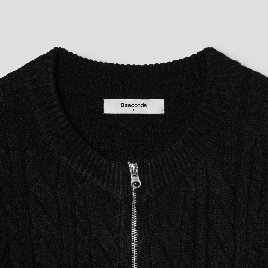 8 seconds Cable Round Zip-Up Cardigan — Black