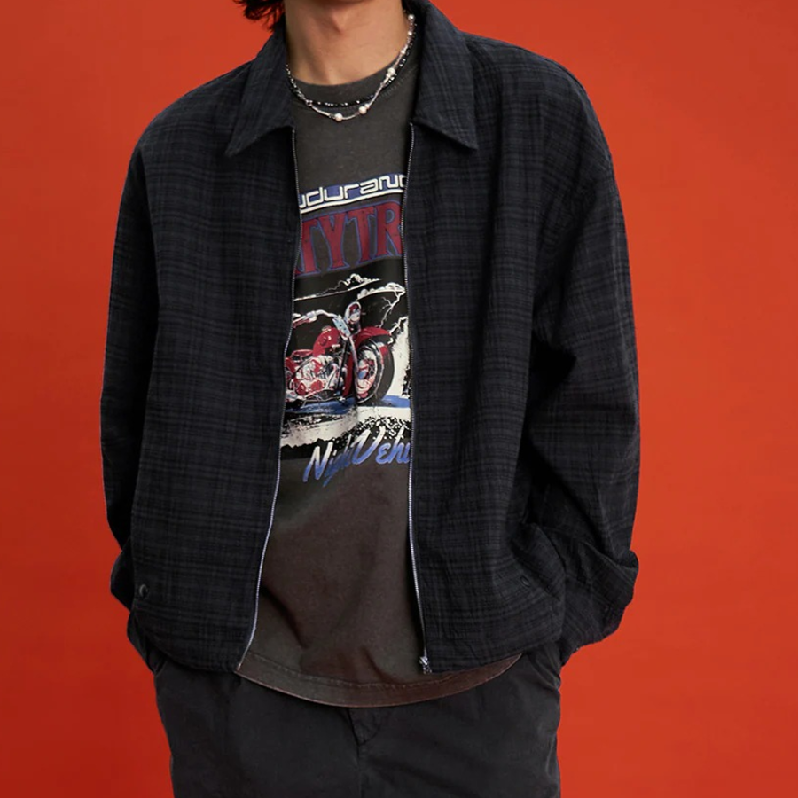 8 seconds Sheer Check Shacket — Navy