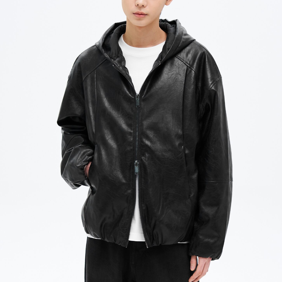 8 seconds Faux Leather Hooded Padded Jumper — Black