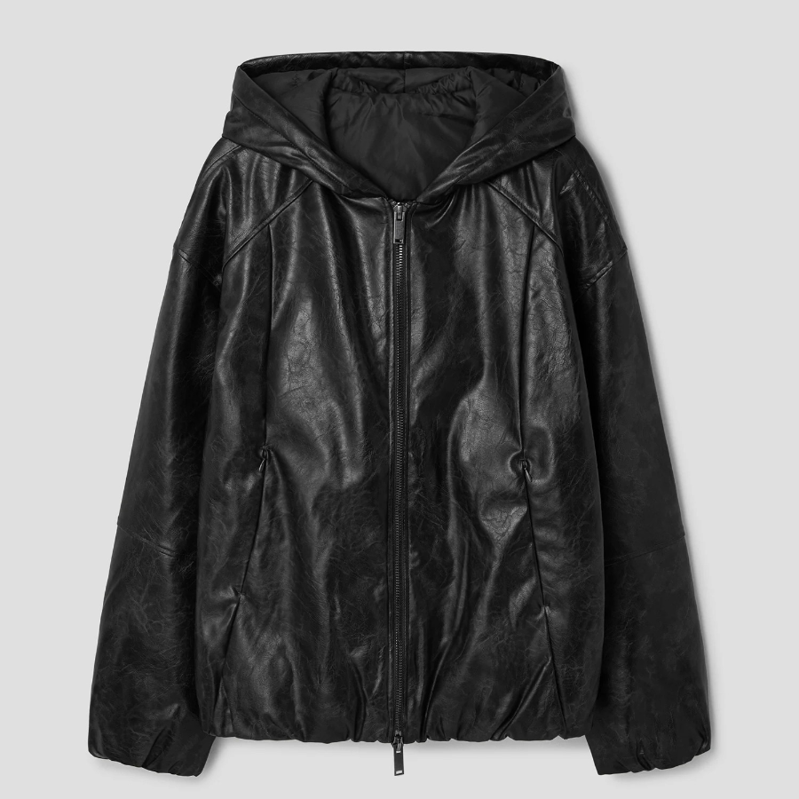 8 seconds Faux Leather Hooded Padded Jumper — Black