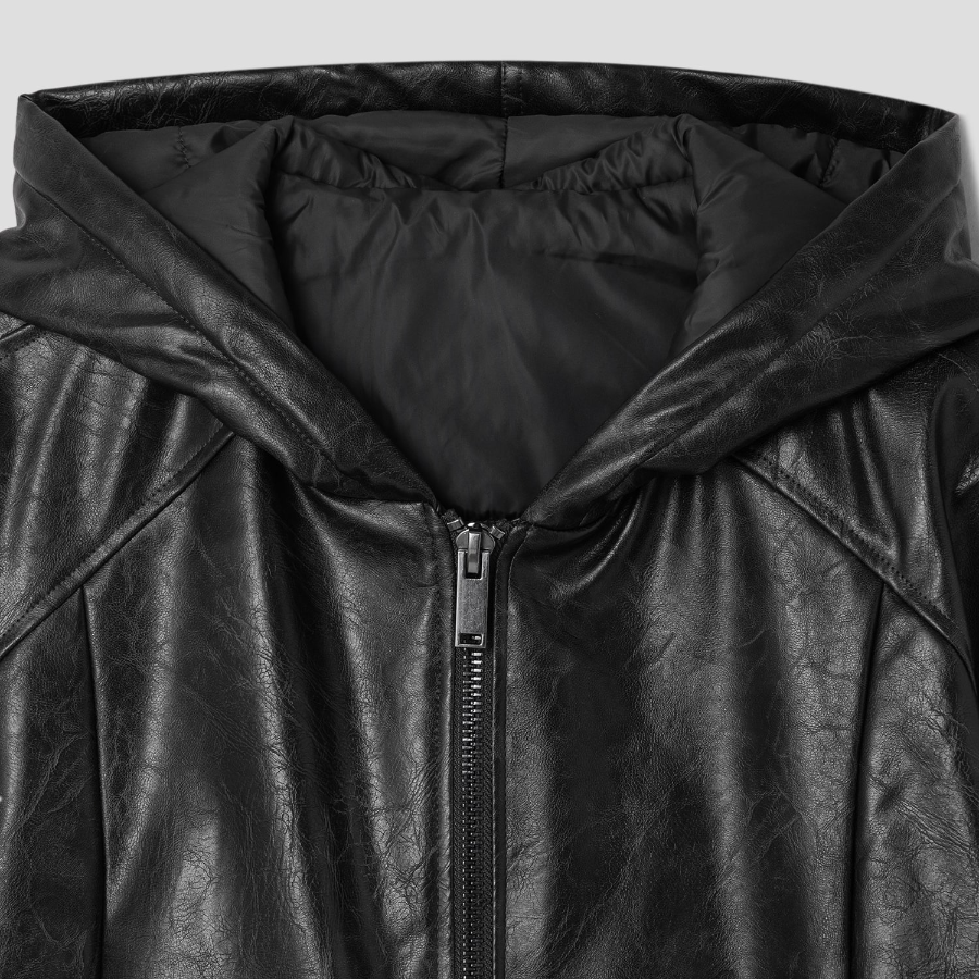 8 seconds Faux Leather Hooded Padded Jumper — Black