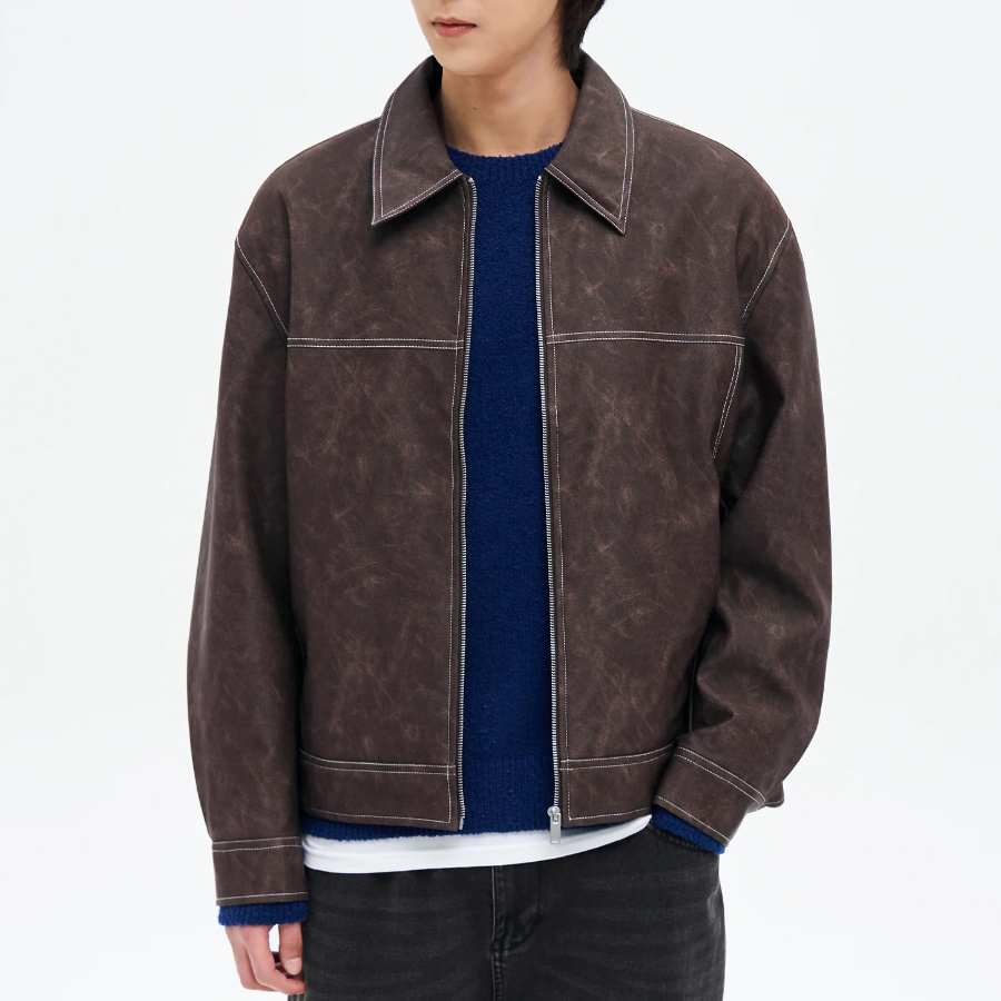 8 seconds Faux Leather Topstitch Jumper — Brown