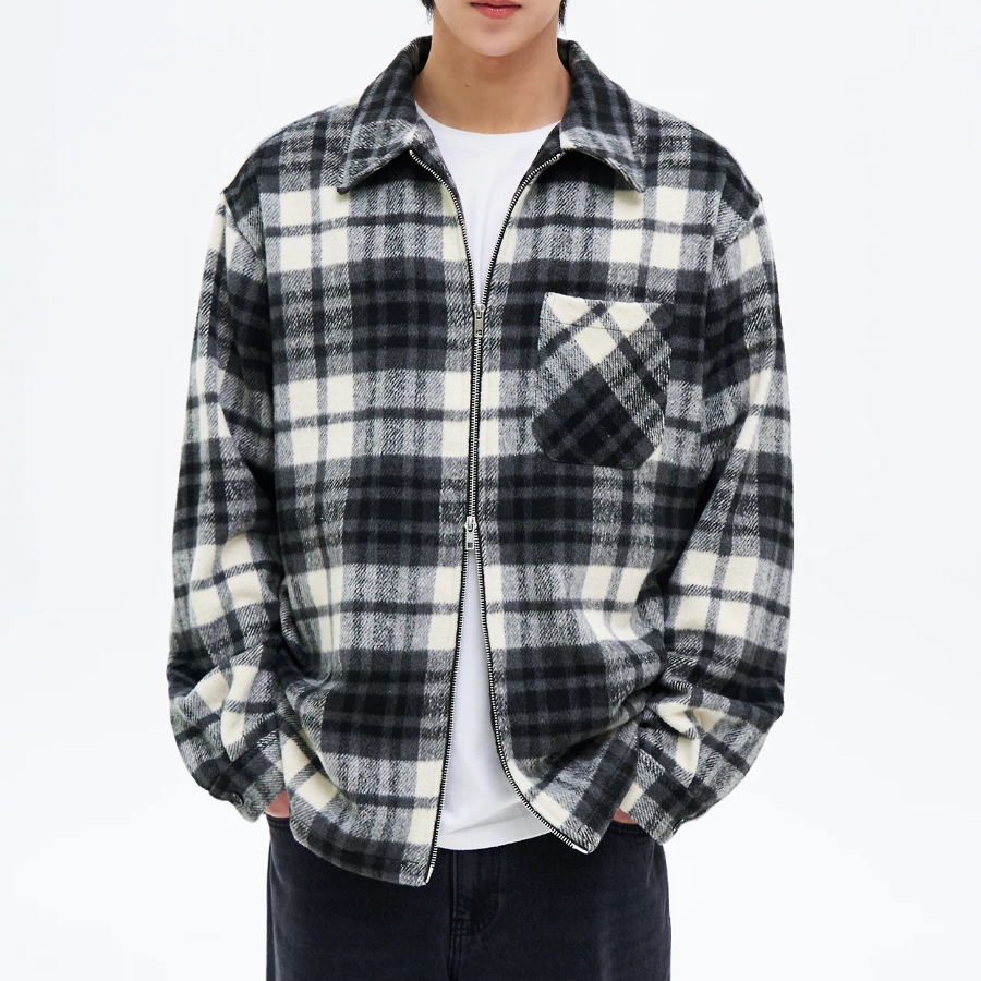 8 seconds Wool Blended Big Check Zip-Up Shacket — White