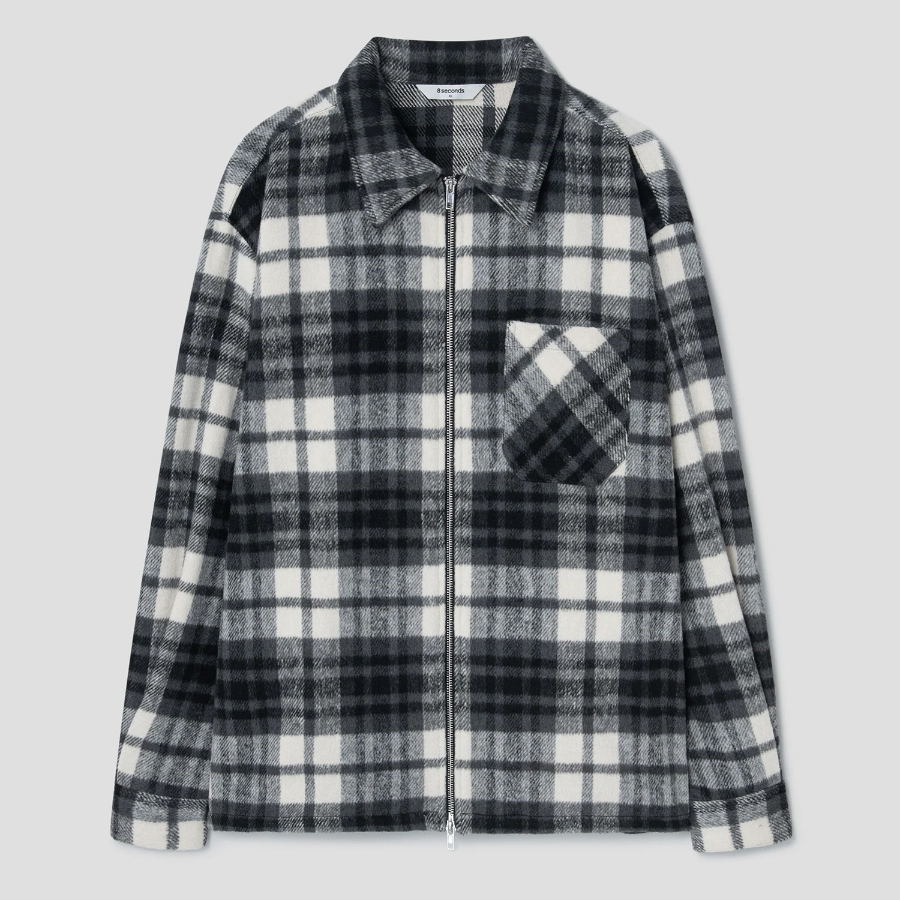8 seconds Wool Blended Big Check Zip-Up Shacket — White