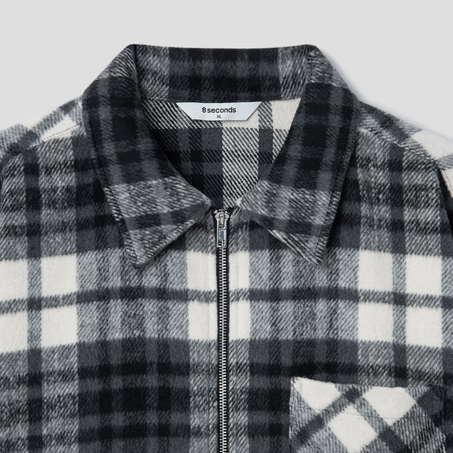 8 seconds Wool Blended Big Check Zip-Up Shacket — White