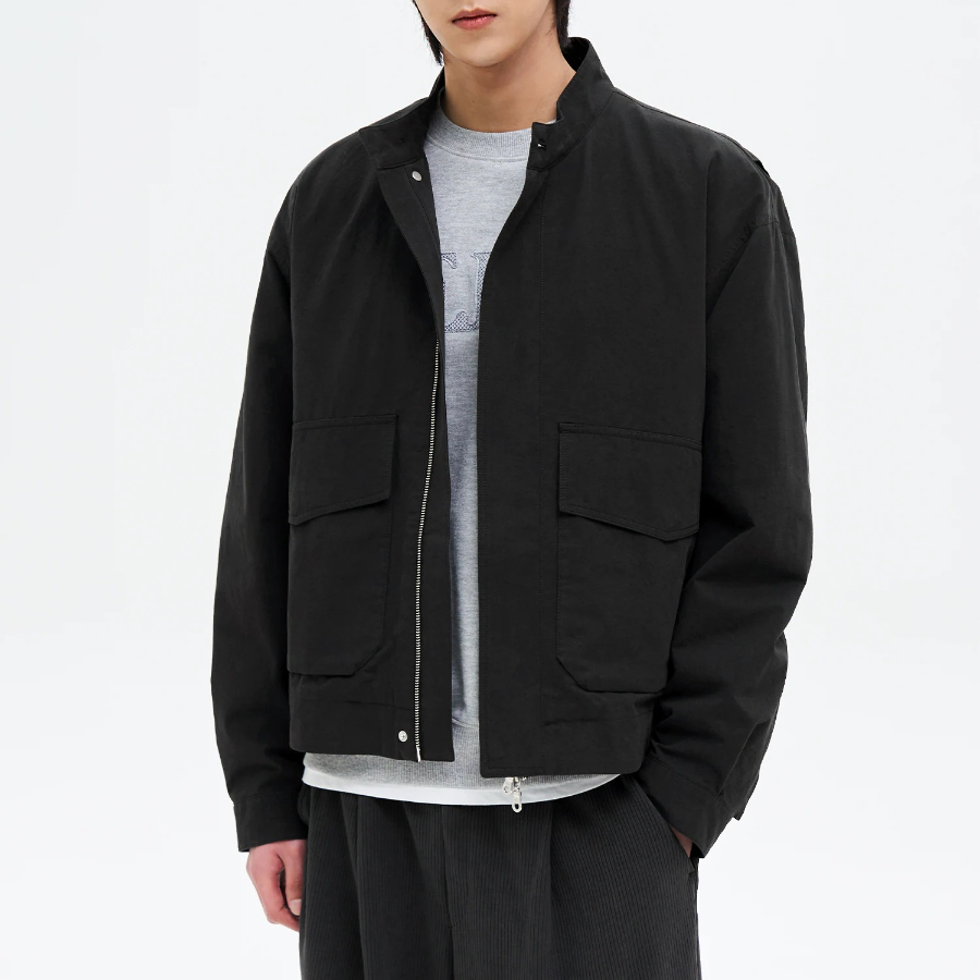 8 seconds Washed Cotton Stand Collar Short Jumper — Black