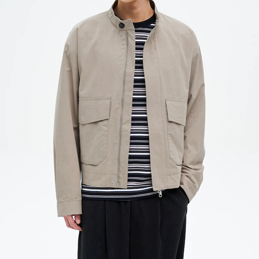 8 seconds Washed Cotton Stand Collar Short Jumper — Beige